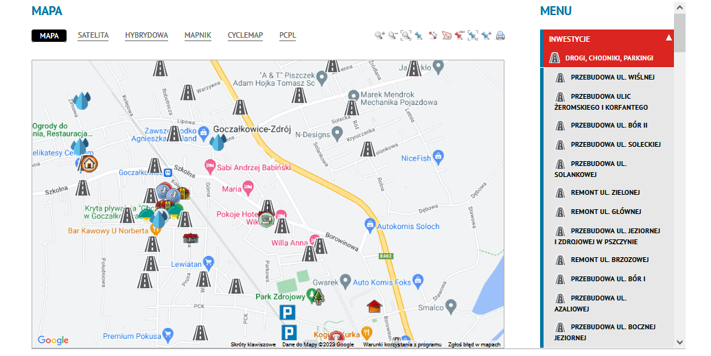 Zrzut ekranu Mapy inwesycji - mapa gminy z zaznaczonymi miejsca, gdzie prowadzone były lub są inwesycje